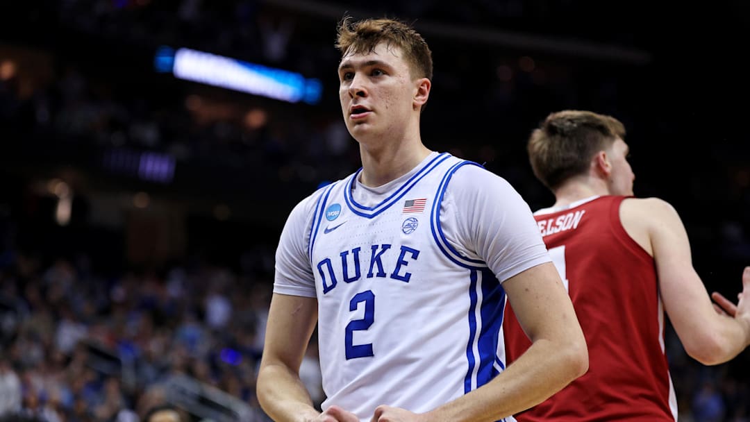 Mar 29, 2025; Newark, NJ, USA; Duke Blue Devils forward Cooper Flagg (2) celebrates after a basket during the first half against the Alabama Crimson Tide in the East Regional final of the 2025 NCAA tournament at Prudential Center. Mandatory Credit: Vincent Carchietta-Imagn Images