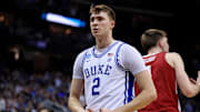 Mar 29, 2025; Newark, NJ, USA; Duke Blue Devils forward Cooper Flagg (2) celebrates after a basket during the first half against the Alabama Crimson Tide in the East Regional final of the 2025 NCAA tournament at Prudential Center. Mandatory Credit: Vincent Carchietta-Imagn Images