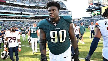Oct 5, 2025; Philadelphia, Pennsylvania, USA; Philadelphia Eagles defensive tackle Jordan Davis (90) walks off the field after loss against the Denver Broncos at Lincoln Financial Field. Mandatory Credit: Eric Hartline-Imagn Images