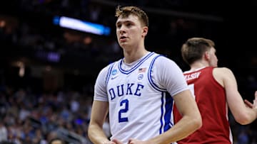 Mar 29, 2025; Newark, NJ, USA; Duke Blue Devils forward Cooper Flagg (2) celebrates after a basket during the first half against the Alabama Crimson Tide in the East Regional final of the 2025 NCAA tournament at Prudential Center. Mandatory Credit: Vincent Carchietta-Imagn Images