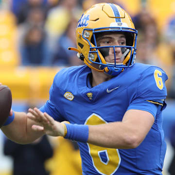 Oct 25, 2025; Pittsburgh, Pennsylvania, USA;  Pittsburgh Panthers quarterback Mason Heintschel (6) passes against the North Carolina State Wolfpack during the first quarter at Acrisure Stadium. Mandatory Credit: Charles LeClaire-Imagn Images