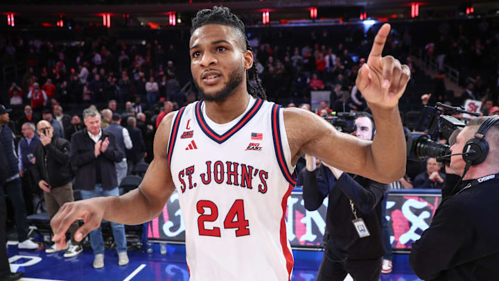 Mar 3, 2026; New York, New York, USA;  St. John's basketball forward Zuby Ejiofor (24) walks off the court after defeating the Georgetown Hoyas 72-69 at Madison Square Garden. 