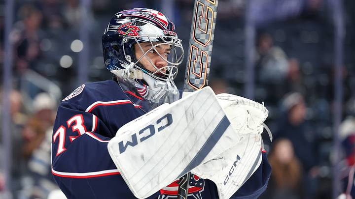 Jan 24, 2026; Columbus, Ohio, USA;  Columbus Blue Jackets goaltender Jet Greaves (73) warms up before a game against the before the game against the Tampa Bay Lightning at Nationwide Arena. Mandatory Credit: Joseph Maiorana-Imagn Images