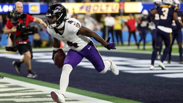 Baltimore Ravens receiver Zay Flowers celebrates a touchdown against the Los Angeles Chargers