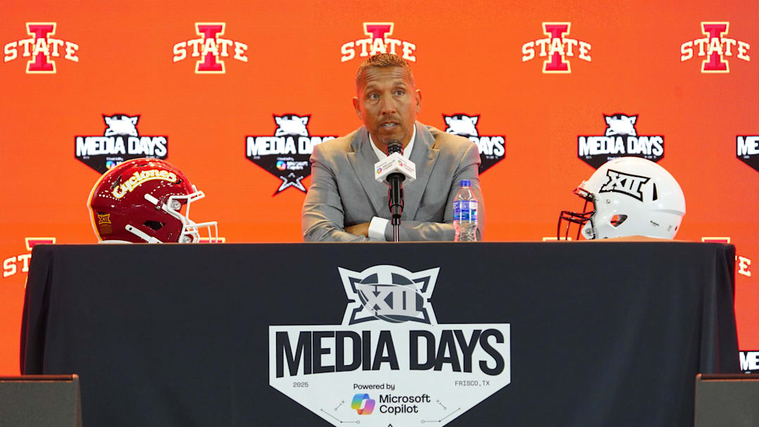 Jul 8, 2025; Frisco, TX, USA; Iowa State head coach Matt Campbell addresses the media during 2025 Big 12 Football Media Days at The Star. Mandatory Credit: Raymond Carlin III-Imagn Images