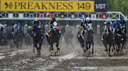 May 18, 2024; Baltimore, Maryland, USA;   Jamie Torres aboard Seize the Grey (6) leads the entries out of the starting gate during the running of the 149th Preakness Stakes at Pimlico Race Course. Mandatory Credit: Tommy Gilligan-Imagn Images