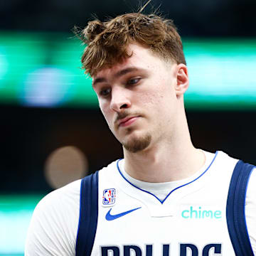 Oct 22, 2025; Dallas, Texas, USA;   Dallas Mavericks forward Cooper Flagg (32) reacts against the San Antonio Spurs during the first half  at American Airlines Center. Mandatory Credit: Kevin Jairaj-Imagn Images
