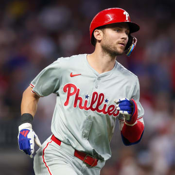 Philadelphia Phillies shortstop Trea Turner (7) hits a two-run home run against the Atlanta Braves in the sixth inning at Truist Park on July 5.