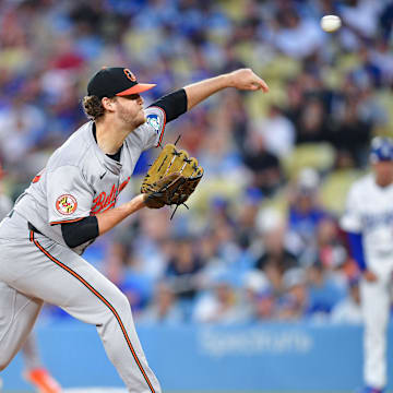 Baltimore Orioles pitcher Cole Irvin (19) throws against the Los Angeles Dodgers during the first inning at Dodger Stadium on Aug 27.