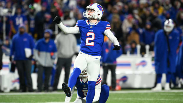 Jan 21, 2024; Orchard Park, New York, USA; Buffalo Bills place kicker Tyler Bass (2) misses a 44 yard field goal 