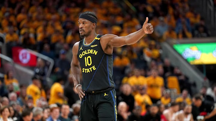 May 2, 2025; San Francisco, California, USA; Golden State Warriors forward Jimmy Butler III (10) gives a thumbs up signal before a play against the Houston Rockets in the third quarter of game six of the first round for the 2025 NBA Playoffs at Chase Center. Mandatory Credit: Cary Edmondson-Imagn Images