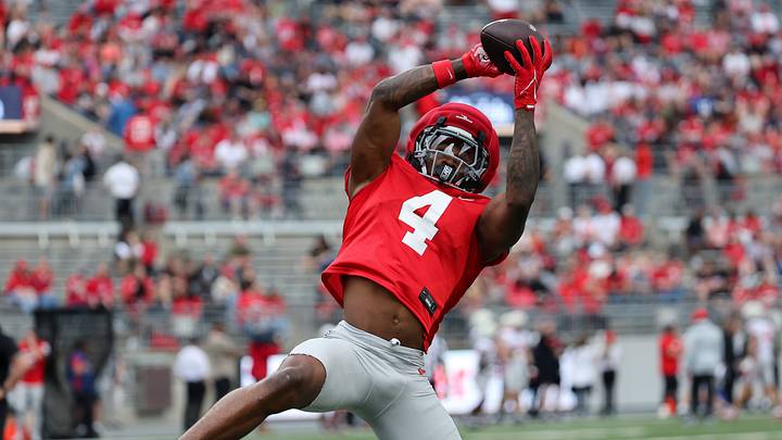 Apr 18, 2026; Columbus, OH, USA;  Ohio State Wide receiver Jeremiah Smith (4) catches the ball during the annual spring game at Ohio Stadium. Mandatory Credit: Joseph Maiorana-Imagn Images