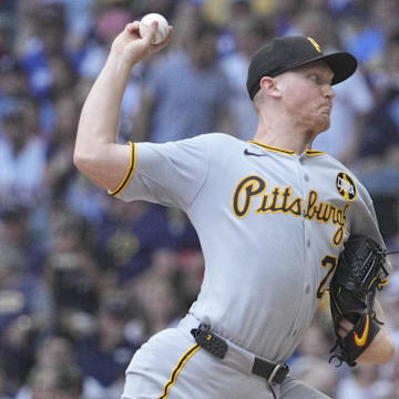 Aug 13, 2025; Milwaukee, Wisconsin, USA; Pittsburgh Pirates pitcher Mitch Keller (23) delivers a pitch against the Milwaukee Brewers in the first inning at American Family Field. Mandatory Credit: Michael McLoone-Imagn Images