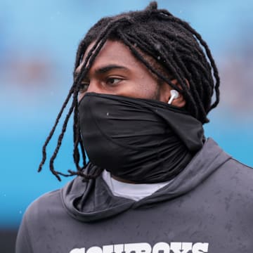 Dallas Cowboys cornerback Trevon Diggs warms up before the game against the Carolina Panthers at Bank of America Stadium.