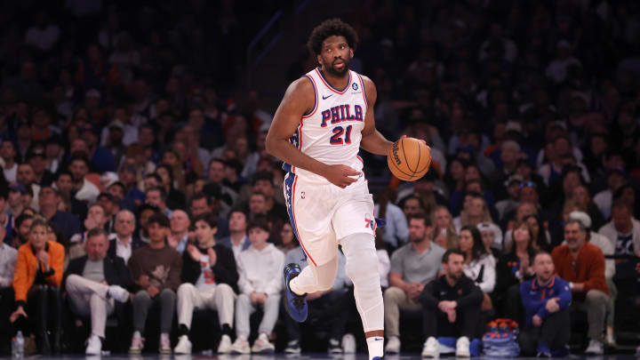 Apr 30, 2024; New York, New York, USA; Philadelphia 76ers center Joel Embiid (21) brings the ball up court against the New York Knicks during the first quarter of game 5 of the first round of the 2024 NBA playoffs at Madison Square Garden. Mandatory Credit: Brad Penner-USA TODAY Sports