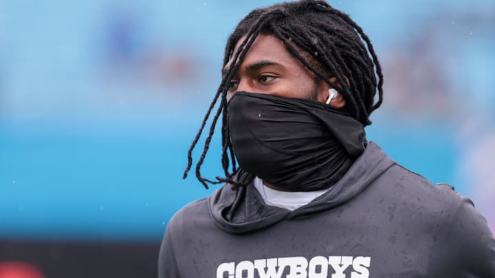 Oct 12, 2025; Charlotte, North Carolina, USA; Dallas Cowboys cornerback Trevon Diggs (7) warms up before the game against the Carolina Panthers at Bank of America Stadium.