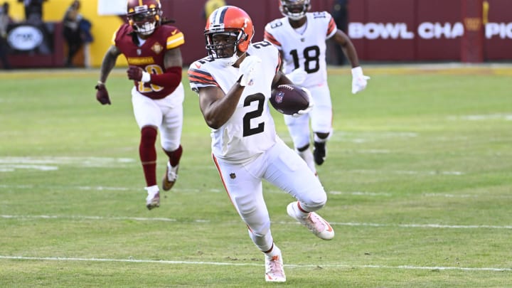 Jan 1, 2023; Landover, Maryland, USA; Cleveland Browns wide receiver Amari Cooper (2) runs after a catch against the Washington Commanders during the second half at FedExField. Mandatory Credit: Brad Mills-USA TODAY Sports