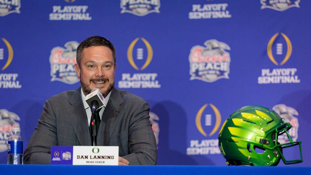 Oregon head coach Dan Lanning speaks during the head coaches’ press conference ahead of the Peach Bowl at the College Football Hall of Fame in Atlanta, Georgia, on Jan. 8, 2026.