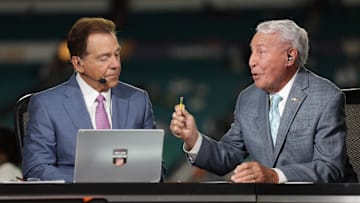 Jan 9, 2025; Miami, FL, USA; ESPN analysts Nick Saban and Lee Corso before the game between the Notre Dame Fighting Irish and the Penn State Nittany Lions at Hard Rock Stadium. Mandatory Credit: Nathan Ray Seebeck-Imagn Images