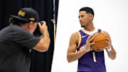 Sep 24, 2025; Phoenix, AZ, USA; Phoenix Suns guard Devin Booker (1) poses for portrait during Media Day at PHX Arena. Mandatory Credit: Mark J. Rebilas-Imagn Images