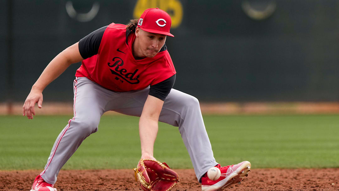 Cincinnati Reds invitee Edwin Arroyo runs an infielding drill at the Cincinnati Reds Player Development Complex in Goodyear, Ariz., on Wednesday, Feb. 12, 2025.