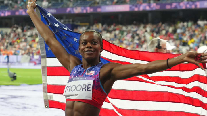 Former Florida Gators star Jasmine Moore (USA) celebrates after her Bronze Medal in the women's triple jump final.