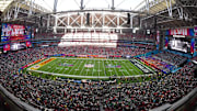 Feb 12, 2023; Glendale, Arizona, US; A general view of State Farm Stadium before Super Bowl LVII between the Kansas City Chiefs and the Philadelphia Eagles. Mandatory Credit: Matt Kartozian-Imagn Images