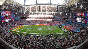 Feb 12, 2023; Glendale, Arizona, US; A general view of State Farm Stadium before Super Bowl LVII between the Kansas City Chiefs and the Philadelphia Eagles. Mandatory Credit: Matt Kartozian-Imagn Images