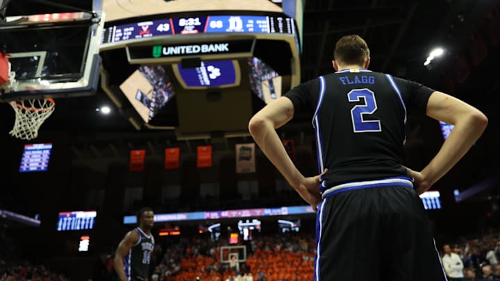 Feb 17, 2025; Charlottesville, Virginia, USA; Duke Blue Devils guard Cooper Flagg (2) stands on the court prior to resuming play against the Virginia Cavaliers in the second half at John Paul Jones Arena. Mandatory Credit: Geoff Burke-Imagn Images