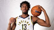 Sep 30, 2024; Indianapolis, IN, USA;  Indiana Pacers center James Wiseman (13) poses for a photo during 2024 Media day.  Mandatory Credit: Trevor Ruszkowski-Imagn Images