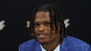 Jul 9, 2025; Frisco, TX, USA; West Virginia wide receiver Jaden Bray speaks with the media during 2025 Big 12 Football Media Days at The Star. Mandatory Credit: Raymond Carlin III-Imagn Images