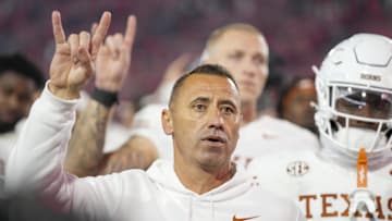Nov 15, 2025; Athens, Georgia, USA; Texas Longhorns head coach Steve Sarkisian gestures after a game against the Georgia Bulldogs at Sanford Stadium. Mandatory Credit: Dale Zanine-Imagn Images