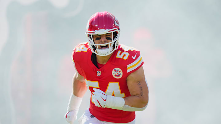 Oct 19, 2025; Kansas City, Missouri, USA; Kansas City Chiefs linebacker Leo Chenal (54) runs onto the field during player introductions prior to the game against the Las Vegas Raiders at GEHA Field at Arrowhead Stadium. Mandatory Credit: Jay Biggerstaff-Imagn Images