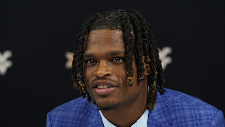 Jul 9, 2025; Frisco, TX, USA; West Virginia wide receiver Jaden Bray speaks with the media during 2025 Big 12 Football Media Days at The Star. Mandatory Credit: Raymond Carlin III-Imagn Images Jul 9, 2025; Frisco, TX, USA; West Virginia wide receiver Jaden Bray speaks with the media during 2025 Big 12 Football Media Days at The Star. Mandatory Credit: Raymond Carlin III-Imagn Images
