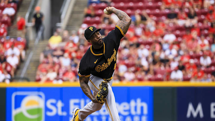 Sep 22, 2024; Cincinnati, Ohio, USA; Pittsburgh Pirates relief pitcher Aroldis Chapman (45) pitches against the Cincinnati Reds in the ninth inning at Great American Ball Park. Mandatory Credit: Katie Stratman-Imagn Images Sep 22, 2024; Cincinnati, Ohio, USA; Pittsburgh Pirates relief pitcher Aroldis Chapman (45) pitches against the Cincinnati Reds in the ninth inning at Great American Ball Park. Mandatory Credit: Katie Stratman-Imagn Images