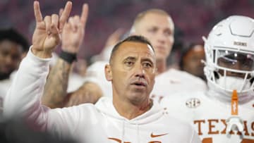 Nov 15, 2025; Athens, Georgia, USA; Texas Longhorns head coach Steve Sarkisian gestures after a game against the Georgia Bulldogs at Sanford Stadium. 