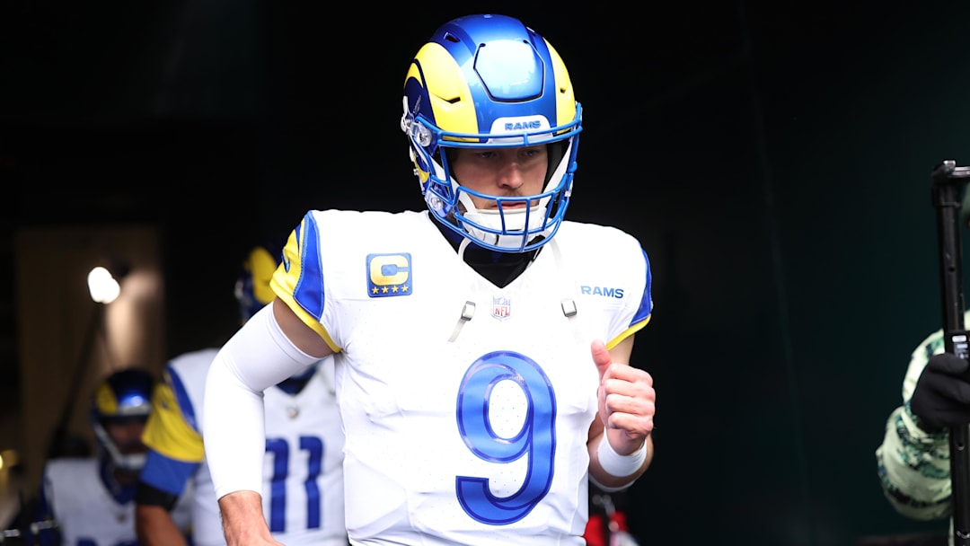 Jan 19, 2025; Philadelphia, Pennsylvania, USA; Los Angeles Rams quarterback Matthew Stafford (9) runs onto the field prior to the game against the Philadelphia Eagles in a 2025 NFC divisional round game at Lincoln Financial Field. Mandatory Credit: Bill Streicher-Imagn Images