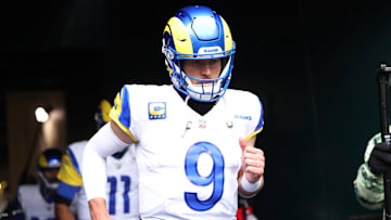 Jan 19, 2025; Philadelphia, Pennsylvania, USA; Los Angeles Rams quarterback Matthew Stafford (9) runs onto the field prior to the game against the Philadelphia Eagles in a 2025 NFC divisional round game at Lincoln Financial Field. Mandatory Credit: Bill Streicher-Imagn Images