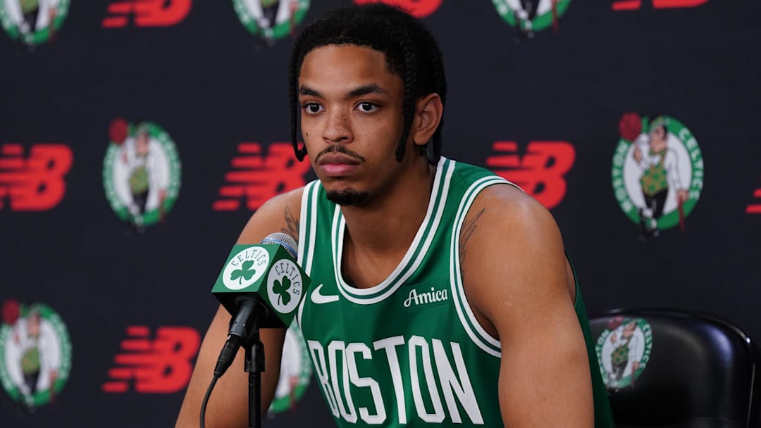 Sep 29, 2025; Boston, MA, USA; Boston Celtics forward Josh Minott (8) talks with reporters during media day at the Auerbach Center.