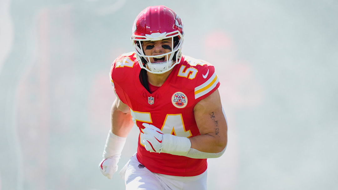 Oct 19, 2025; Kansas City, Missouri, USA; Kansas City Chiefs linebacker Leo Chenal (54) runs onto the field during player introductions prior to the game against the Las Vegas Raiders at GEHA Field at Arrowhead Stadium. Mandatory Credit: Jay Biggerstaff-Imagn Images