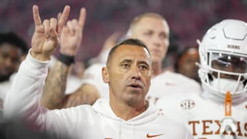 Nov 15, 2025; Athens, Georgia, USA; Texas Longhorns head coach Steve Sarkisian gestures after a game against the Georgia Bulldogs at Sanford Stadium. Mandatory Credit: Dale Zanine-Imagn Images