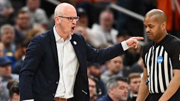 Mar 30, 2024; Boston, MA, USA; Connecticut Huskies head coach Dan Hurley reacts against the Illinois Fighting Illini in the finals of the East Regional of the 2024 NCAA Tournament at TD Garden. Mandatory Credit: Brian Fluharty-Imagn Images