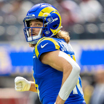 October 15, 2023; Inglewood, California, USA; Los Angeles Rams wide receiver Ben Skowronek (18) before the game against the Arizona Cardinals at SoFi Stadium. Mandatory Credit: Kyle Terada-Imagn Images