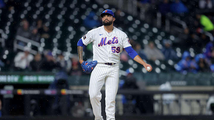 Apr 29, 2026; New York City, New York, USA; New York Mets pitcher Sean Manaea (59) reacts during the sixth inning against the Washington Nationals at Citi Field. Mandatory Credit: Brad Penner-Imagn Images