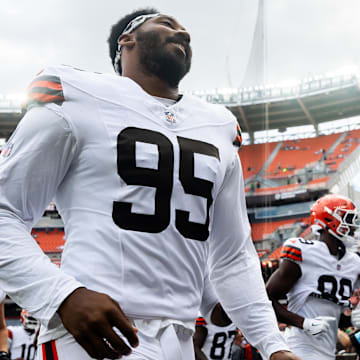 Aug 10, 2024; Cleveland, Ohio, USA; Cleveland Browns defensive end Myles Garrett (95) before the game against the Green Bay Packers at Cleveland Browns Stadium. Mandatory Credit: Ken Blaze-Imagn Images