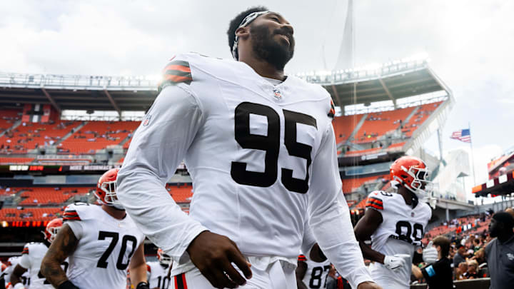 Aug 10, 2024; Cleveland, Ohio, USA; Cleveland Browns defensive end Myles Garrett (95) before the game against the Green Bay Packers at Cleveland Browns Stadium. Mandatory Credit: Ken Blaze-Imagn Images