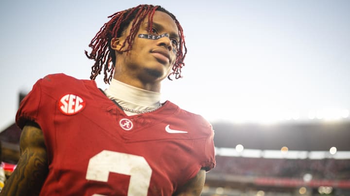 Oct 26, 2024; Tuscaloosa, Alabama, USA; Alabama Crimson Tide wide receiver Ryan Williams (2) walks toward the home locker room after a victory over the Missouri Tigers at Bryant-Denny Stadium. Mandatory Credit: Will McLelland-Imagn Images