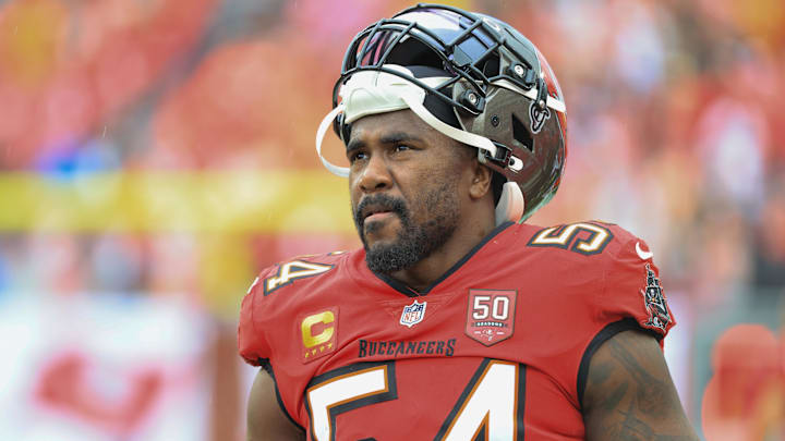 Dec 7, 2025; Tampa, Florida, USA; Tampa Bay Buccaneers linebacker Lavonte David (54) stands on the sidelines during the first quarter against the New Orleans Saints at Raymond James Stadium. Mandatory Credit: Kim Klement Neitzel-Imagn Images