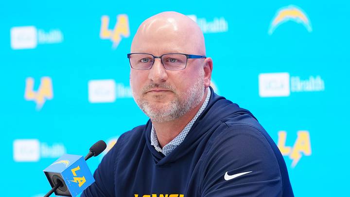 Apr 16, 2026; El Segundo, CA, USA; Los Angeles Chargers general manager Joe Hortiz speaks at press conference at The Bolt. Mandatory Credit: Kirby Lee-Imagn Images