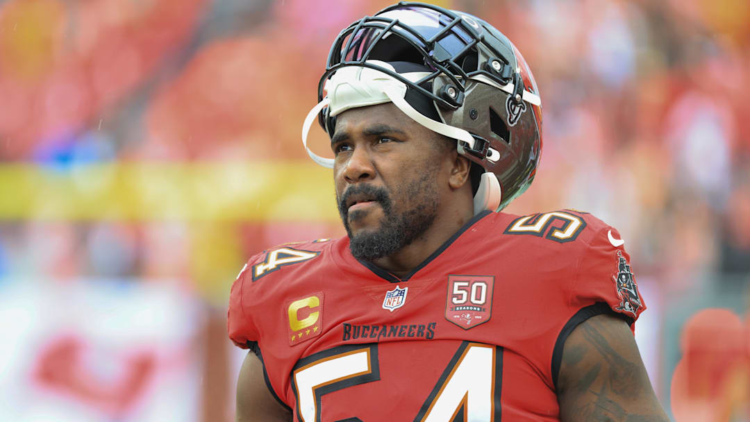 Dec 7, 2025; Tampa, Florida, USA; Tampa Bay Buccaneers linebacker Lavonte David (54) stands on the sidelines during the first quarter against the New Orleans Saints at Raymond James Stadium. Mandatory Credit: Kim Klement Neitzel-Imagn Images